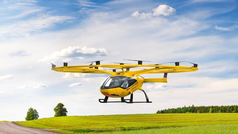 Das am Computer generierte Bild zeigt einen Volocopter der ADAC Luftrettung.