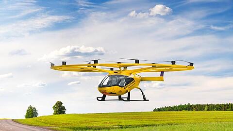 Das am Computer generierte Bild zeigt einen Volocopter der ADAC Luftrettung.