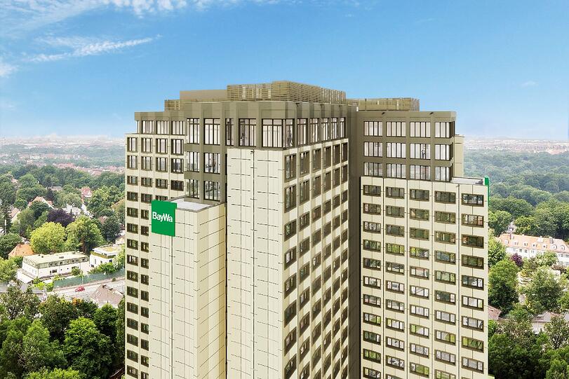 Das Rendering zeigt die das Gebäude mit neuer Fassade.