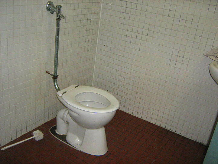 Ridlerschule: Die Toilettenbürste liegt in einer Lache auf dem Kachelboden. Der Halter dafür ist schon lang verschwunden.
