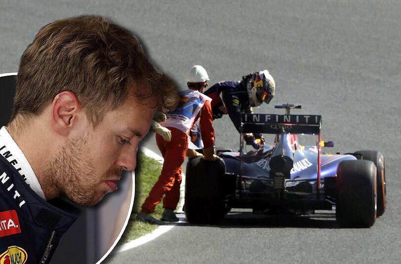 Allen Grund für bedrückte Mienen gibt's wieder bei Red Bull. Beim freien Training in Barcelona musste Sebastian Vettel seine Suzy mit den Streckenposten von der Bahn schieben.