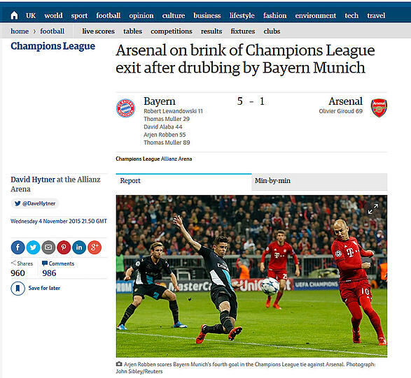 Der Guardian schreibt: "Arsenal an der Ausfahrt der Champions League nach Niederlage gegen Bayern"