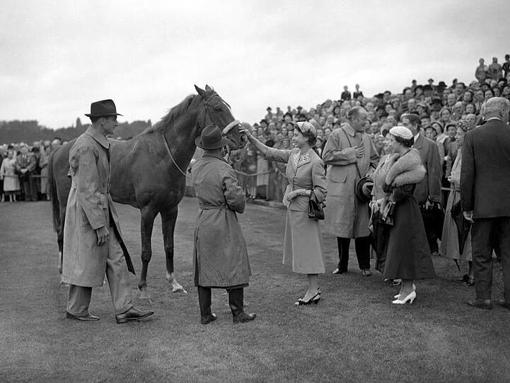 Königin Elizabeth streichelt ihr Pferd Aureole, nachdem es beim Galoprennen in Ascot gewonnen hat.
