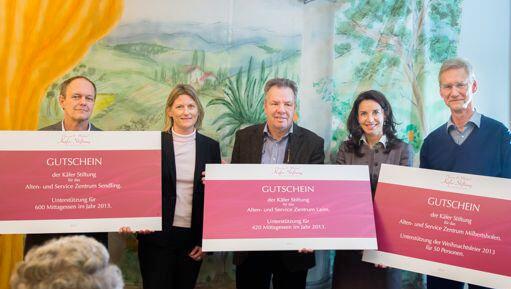 V. l.: Kai Weber (ASZ Sendling) Kathrin Diekmann (Käfer Stiftung), Peter Pinck (ASZ Laim), Clarissa Käfer, Siegfried Nadler (ASZ Milbertshofen).