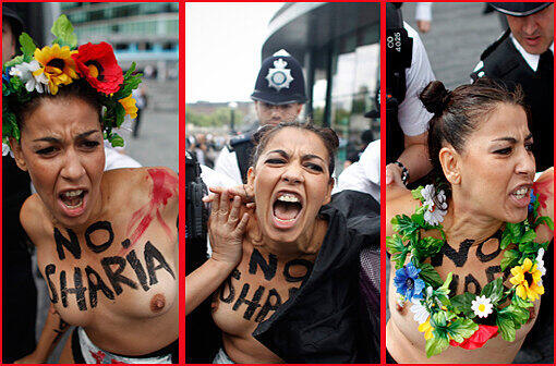 Nackte Tatsachen: Gewohnt freizügig protestierten Anhänger der feministischen Organisation Femen in London während Olympia - diesmal gegen islamistische Regimes und deren Unterstützung durch das olympische Kommitee. Da hatte die englische Polizei alle Hände voll zu tun.