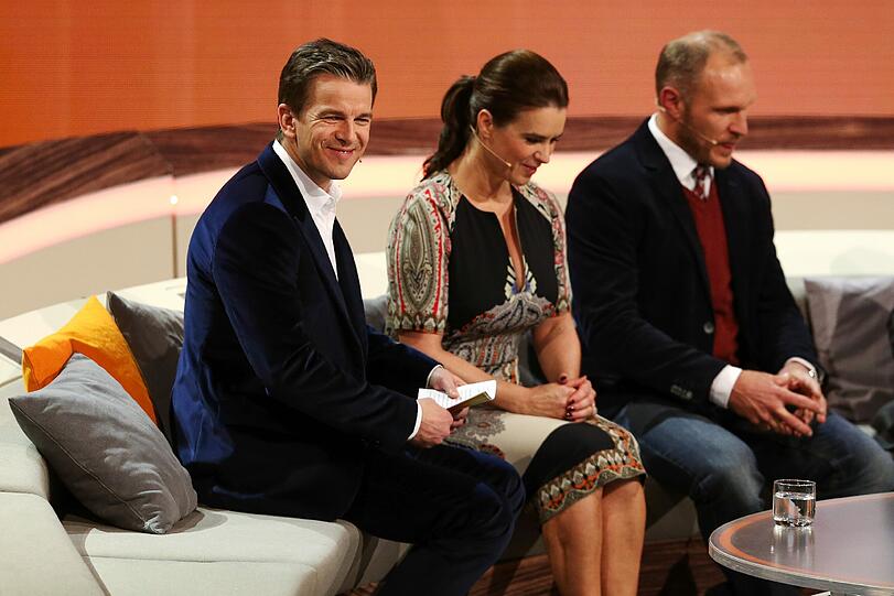 Markus Lanz mit der früheren Eiskunstläuferin Katarina Witt und dem ehemaligen österreichische Skirennläufer Hermann Maier.