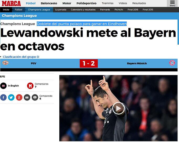 "Die polnische Spitze trifft doppelt gegen Eindhoven: Lewandowski schießt Bayern ins Achtelfinale" - Marca (Spanien)
