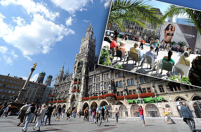Münchens Politiker sind von der Werbung am Marienplatz nicht gerade begeistert. Das Plakat hängt noch eine Woche an der Baustelle des Hugendubel-Hauses.