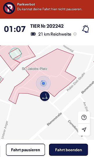 Auf dem St.-Jakobs-Platz herrscht (zu Recht) ein Parkverbot. Die Fahrt kann hier nicht beendet werden.