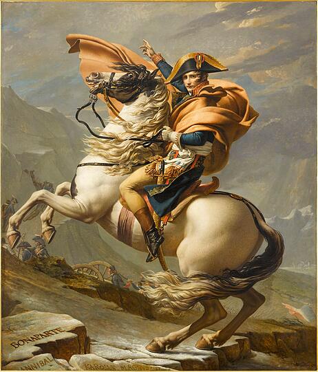 „Bonaparte beim Überschreiten der Alpen am Großen Sankt Bernhard“, 1800 von Jacques-Louis David gemalt. „Bonaparte beim Überschreiten der Alpen am Großen Sankt Bernhard“, 1800 von Jacques-Louis David gemalt.