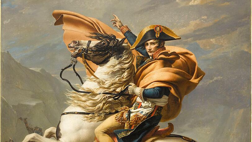 „Bonaparte beim Überschreiten der Alpen am Großen Sankt Bernhard“, 1800 von Jacques-Louis David gemalt. „Bonaparte beim Überschreiten der Alpen am Großen Sankt Bernhard“, 1800 von Jacques-Louis David gemalt.
