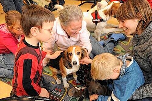 Totale Entspannung: Weder Beagle Momo noch die behinderten Kinder aus dem Integrationszentrum für Cerebralparesen haben Berührungsängste.