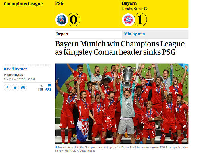Der britische "Guardian" schreibt: "Bayern München gewinnt die Champions League, Kingsley Coman versenkt PSG per Kopfball".