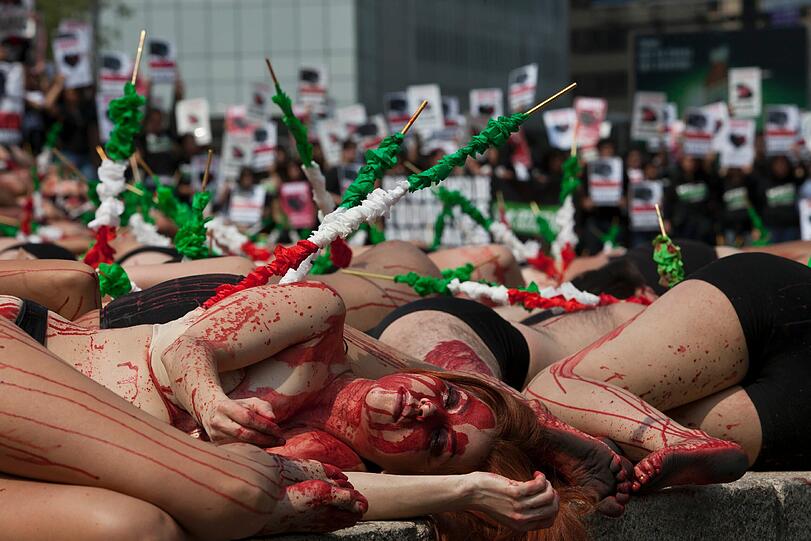 In Mexico City haben zahlreiche Tierschützer mit einer spektakulären Aktion gegen Stierkämpfe protestiert - die Bilder.