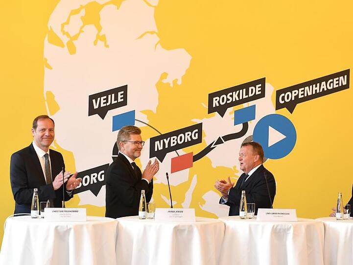 Christian Prudhomme, Bürgermeister Frank Jensen und Regierungschef Lars Lokke Rasmussen (l-r).