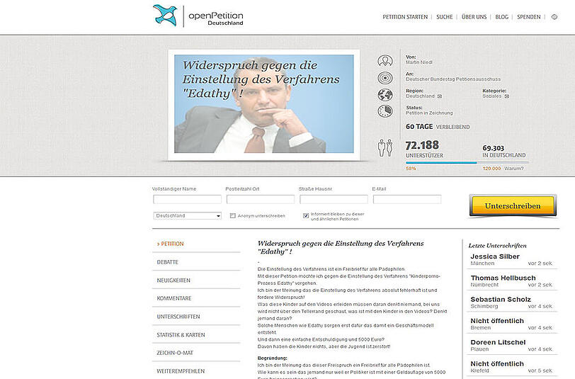 Im Internet findet sich derzeit eine Online-Petition gegen die Verfahrenseinstellung im Fall Edathy
