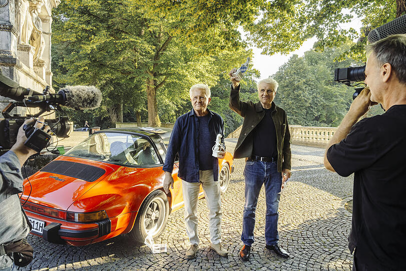 Von links: Miroslav Nemec (Rolle: Kriminalhauptkommissar Ivo Batic) und Udo Wachtveitl (Rolle. Kriminalhauptkommissar Franz Leitmayr) bei den Dreharbeiten zu ihrer letzten Folge,