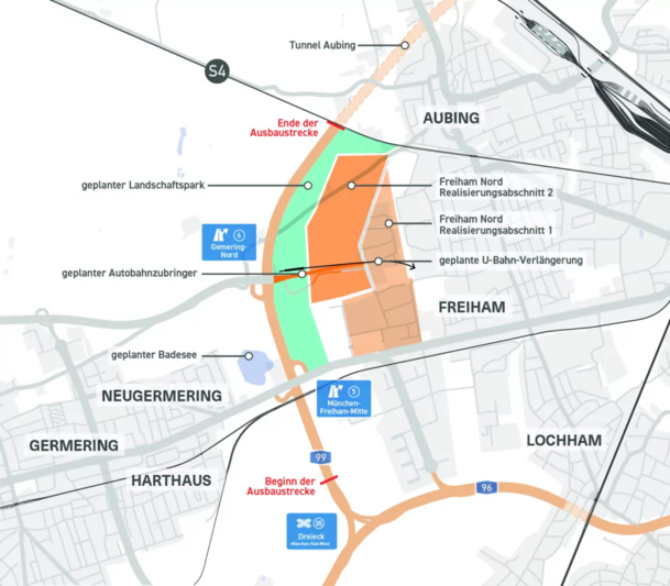 Auf dieser Karte hat die Autobahn GmbH eingezeichnet, was sie im Münchner Westen plant. Der Abschnitt ist etwa drei Kilometer lang und reicht bis zum Aubinger Tunnel. Östlich davon plant die Stadt einen Landschaftspark, an ihn schließt Freiham an. Auf dieser Karte hat die Autobahn GmbH eingezeichnet, was sie im Münchner Westen plant. Der Abschnitt ist etwa drei Kilometer lang und reicht bis zum Aubinger Tunnel. Östlich davon plant die Stadt einen Landschaftspark, an ihn schließt Freiham an.