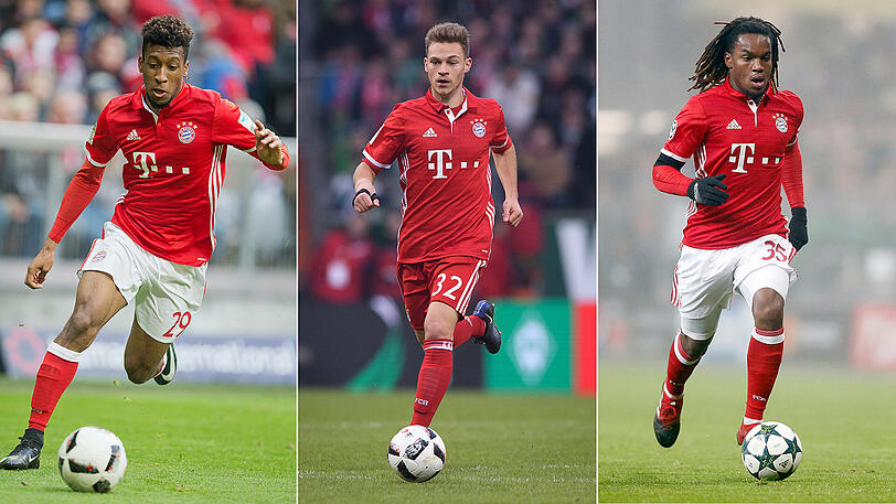 Die Bayern-Youngster Kingsley Coman (206 Minuten), Joshua Kimmich (325) und Renato Sanches (88 - von links) kommen im Jahr 2017 gemeinsam auf gerade einmal sieben Partien (6,87).