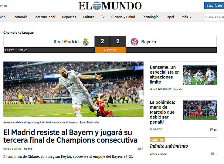 El Mundo (Spanien): "Madrid widersteht den Bayern und wird zum dritten Mal in Folge in der Champions League spielen" Rechts: "Kontrovers: Marcelos Hand, die ein Elfmeter hätte sein müssen"