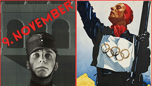 Vor allem in München, Hitlers "Hauptstadt der Bewegung", wurden Plakate der Nazi-Propaganda hergestellt und gedruckt. Die Ausstellung im Stadtmuseum zeigt rund 100 Exemplare. Rechts: ein Veranstaltungsplakat von Carl Franz Bauer zum "9. November" aus dem Jahr 1933, die Reproduktion links zeigt ein Plakat von Ludwig Hohlwein aus dem Jahr 1934 zu den Olympischen Winterspielen 1936. Vor allem in München, Hitlers "Hauptstadt der Bewegung", wurden Plakate der Nazi-Propaganda hergestellt und gedruckt. Die Ausstellung im Stadtmuseum zeigt rund 100 Exemplare. Rechts: ein Veranstaltungsplakat von Carl Franz Bauer zum "9. November" aus dem Jahr 1933, die Reproduktion links zeigt ein Plakat von Ludwig Hohlwein aus dem Jahr 1934 zu den Olympischen Winterspielen 1936.