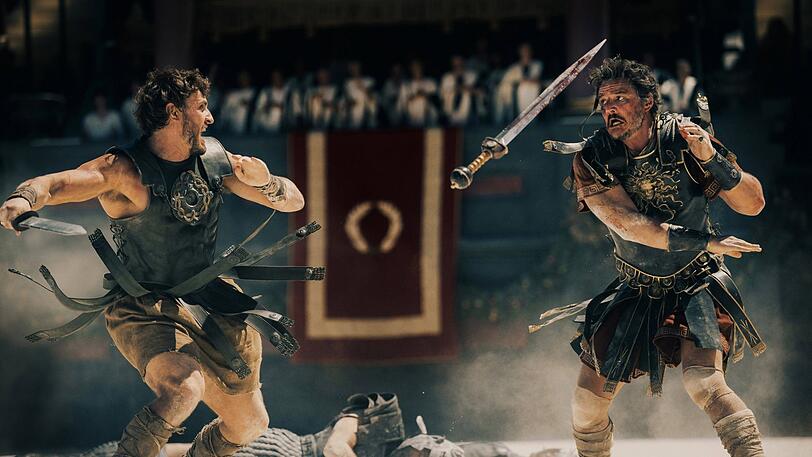 Lucius Verus Aurelius (Paul Mescal, links) im Kampf gegen den Tribun Justus Acacius (Pedro Pascal) in Ridley Scotts „Gladiator“-Aufguss von 2024.Der Film wird im Rahmenprogramm der Ausstellung am 5. Februar 2026 gezeigt.