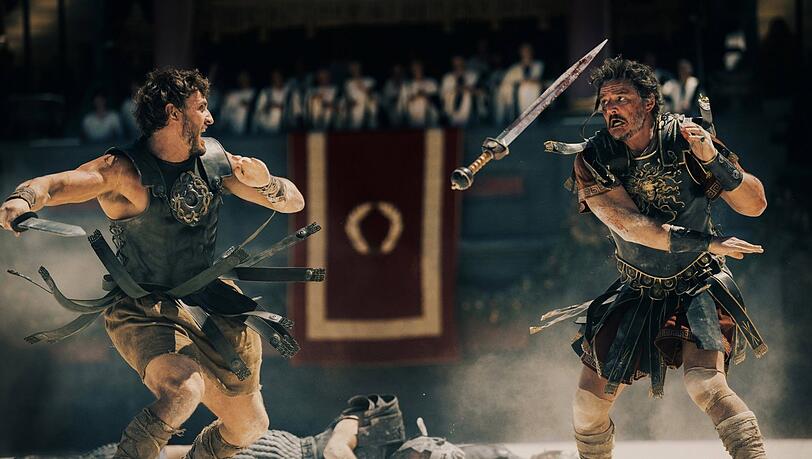 Lucius Verus Aurelius (Paul Mescal, links) im Kampf gegen den Tribun Justus Acacius (Pedro Pascal) in Ridley Scotts „Gladiator“-Aufguss von 2024.Der Film wird im Rahmenprogramm der Ausstellung am 5. Februar 2026 gezeigt. Lucius Verus Aurelius (Paul Mescal, links) im Kampf gegen den Tribun Justus Acacius (Pedro Pascal) in Ridley Scotts „Gladiator“-Aufguss von 2024.Der Film wird im Rahmenprogramm der Ausstellung am 5. Februar 2026 gezeigt.