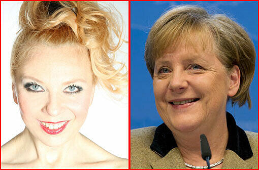 Die Ähnlichkeit ist nicht besonders frappierend: Schauspielerin Christin Marquitan und das Objekt ihrer Satire, Bundeskanzlerin Angela Merkel.