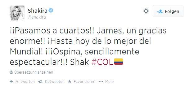 "Wir sind im Viertelfinale! James, vielen Dank! Das Beste der bisherigen WM! Ospina, einfach spektakulär!" twittert die Kolumbianerin Shakira.