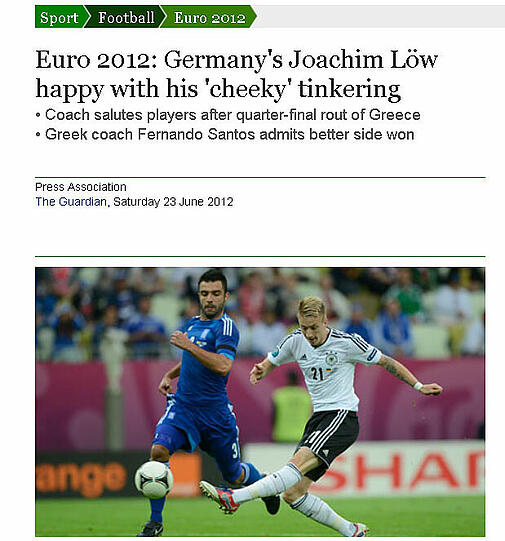 Der britische Guardian titelt: Jogi Löw ist zufrieden mit seinem "frechen Herumgebastel" - gemeint ist seine mutige Mannschafts-Aufstellung zum Viertelfinale.
