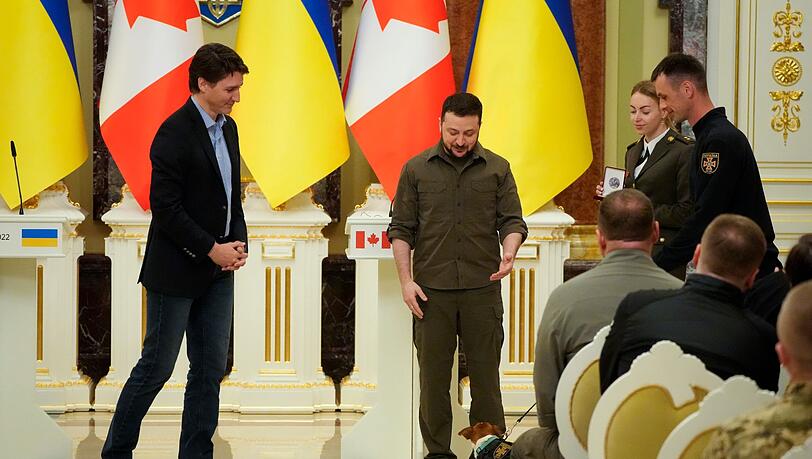 Ukraines Präsident Wolodymyr Selenskyj (M) und der kanadischer Premier Justin Trudeau (l) nehmen an einer Preisverleihung für einen Minensuchhund teil. Ukraines Präsident Wolodymyr Selenskyj (M) und der kanadischer Premier Justin Trudeau (l) nehmen an einer Preisverleihung für einen Minensuchhund teil.