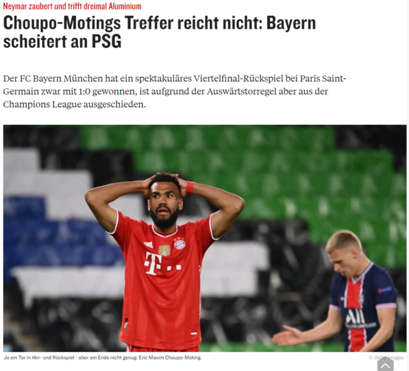 Der "kicker" bezieht sich ebenfalls auf Bayerns Torschützen Choupo-Moting.