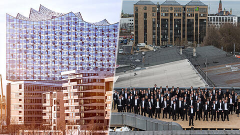 Ein Vorbild für München? Die Elbphilharmonie im Hamburger Hafen. Rechts: Das Symphonieorchesters des Bayerischen Rundfunks auf einem Dach im Werksviertel am Ostbahnhof.