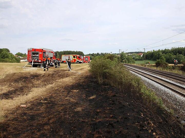 Feuerwehrleute sind aufgrund eines Böschungsbrandes an der Bahnstrecke Regensburg-Nürnberg im Einsatz. Foto: Alexander Auer
