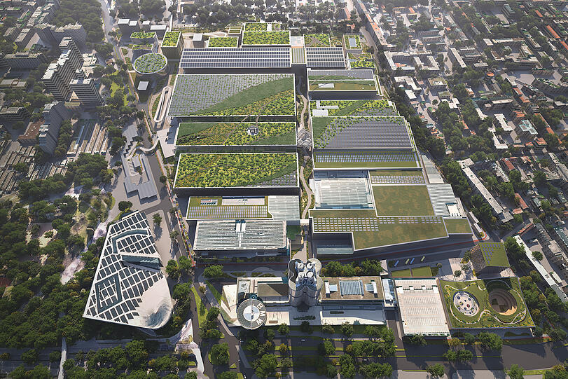 Das geplante BMW-Stammwerk von oben. Mit reichlich Grün und vielen Solaranlagen auf den Dächern.