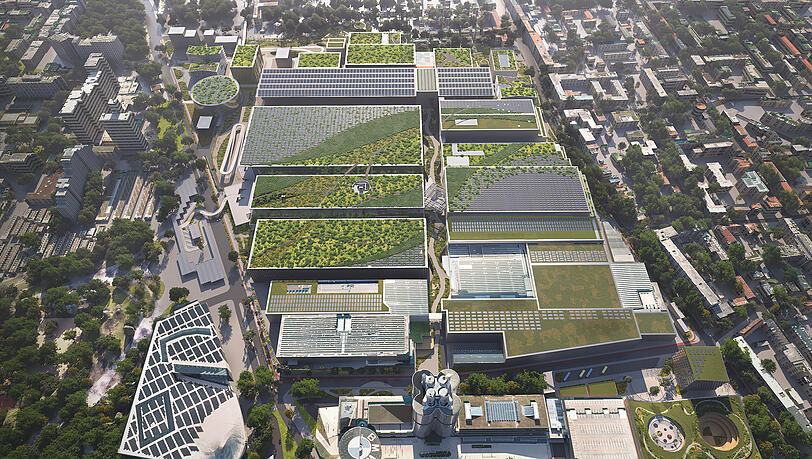 Das geplante BMW-Stammwerk von oben. Mit reichlich Grün und vielen Solaranlagen auf den Dächern. Das geplante BMW-Stammwerk von oben. Mit reichlich Grün und vielen Solaranlagen auf den Dächern.