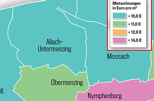 So teuer ist Wohnen in München! Die Münchner Stadtviertel sind in dieser Grafik je nach Quadratmeterpreis eingefärbt. Klicken Sie einfach durch die Quartiere.