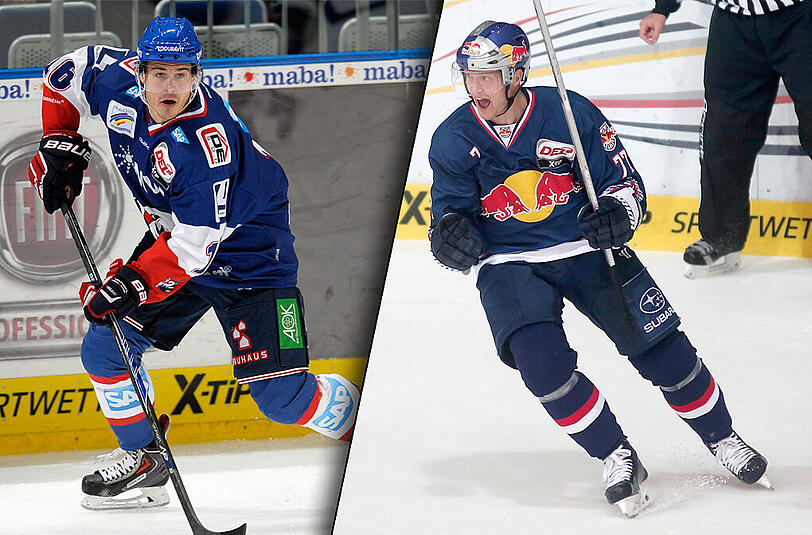 Ex-EHCler Martin Buchwieser, der jetzt für die Adler Mannheim spielt und Uli Maurer, Nationalstürmer in Diensten des EHC München.