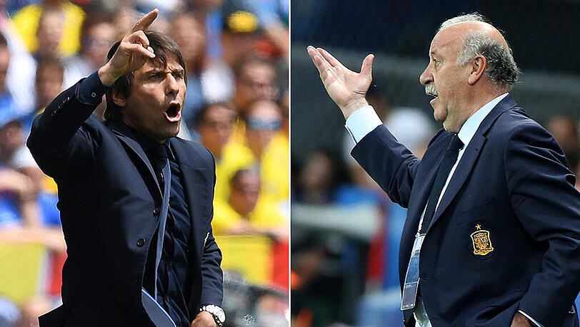 Trainerduell: Antonio Conte (Italien, links) und Vicente del Bosque (Spanien). Trainerduell: Antonio Conte (Italien, links) und Vicente del Bosque (Spanien).