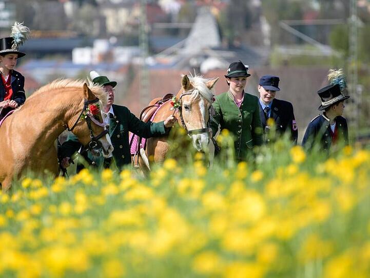 Trachtler reiten mit ihren geschmückten Pferden während des traditionellen Georgiritts zum Ettendorfer Kircherl. Foto: Matthias Balk