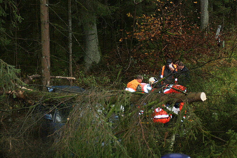 Baum zerquetscht Auto: Die Bilder vom Rettungseinsatz