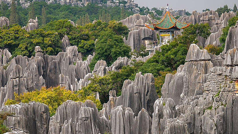 Der Steinwald, China: Mystisch ragen die Felsen wie Baumwipfel im Steinwald in der Provinz Yunnan gen Himmel. Der Wald, der vor rund 270 Millionen Jahren noch unter Wasser stand, hat nach dem Rückgang des Wassers durch Regen- und Winderosion seine heutige Form bekommen.