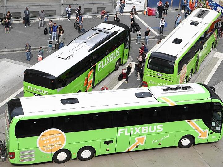 Busse des Unternehmens Flixbus stehen am Hauptbahnhof in Frankfurt am Main.