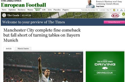Und auch die altehrwürdige "Times" lobt die Leistung von ManCity - und bedauert, dass die Elf trotz eines schönen Comebacks den Sprung an die Tabellenspitze und damit zum Gruppensieg verpasst hat.