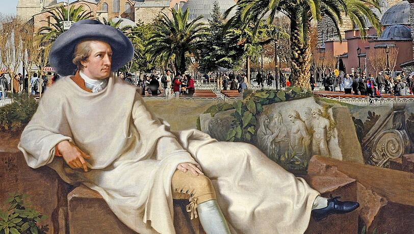 Goethe war nie im Orient, aber ein großer Kenner orientalischer Kultur. Hier sitzt er von Tischbein porträtiert nicht in der Campagna, sondern vor der Hagia Sophia in Istanbul. Goethe war nie im Orient, aber ein großer Kenner orientalischer Kultur. Hier sitzt er von Tischbein porträtiert nicht in der Campagna, sondern vor der Hagia Sophia in Istanbul.