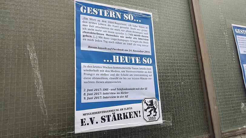 Fans der Löwen haben rund um das Grünwalder Stadion DIN-A4-große Schreiben angebracht.