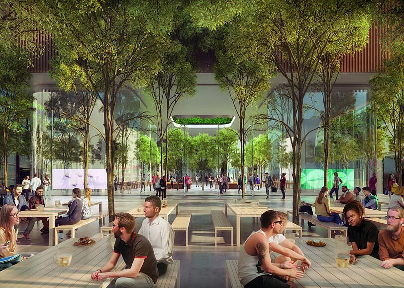 Zieht hier mal Apple ein? Die Pläne sehen eine zweigeschossige Halle in dem Neubau vor. Auf der Visualisierung wachsen darin sogar Bäume.