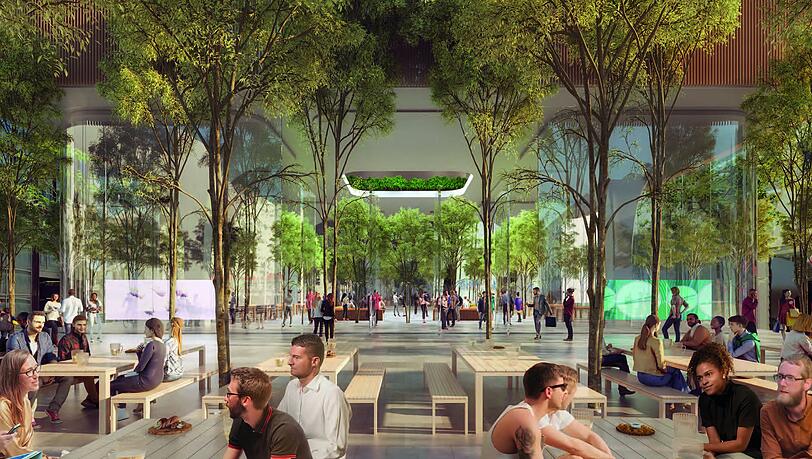 Zieht hier mal Apple ein? Die Pläne sehen eine zweigeschossige Halle in dem Neubau vor. Auf der Visualisierung wachsen darin sogar Bäume. Zieht hier mal Apple ein? Die Pläne sehen eine zweigeschossige Halle in dem Neubau vor. Auf der Visualisierung wachsen darin sogar Bäume.