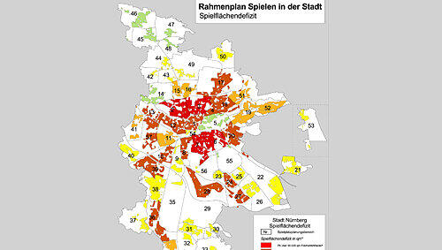 Je intensiver das Rot, desto höher das Defizit an Spielplätzen: Vor allem die dicht besiedelten Stadtteile sind betroffen. Je intensiver das Rot, desto höher das Defizit an Spielplätzen: Vor allem die dicht besiedelten Stadtteile sind betroffen.