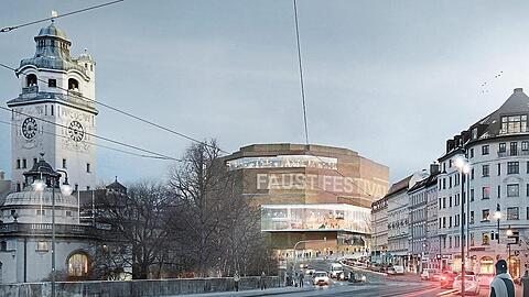 Der Entwurf des Büros Henn ergänzt den Bau mit gläsernen Foyers und lässt den Bau sonst unverändert.